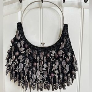 Funky Fish and Sequinned Black Shoulder Evening Purse. 10.5” by 5.5” by 0.5”